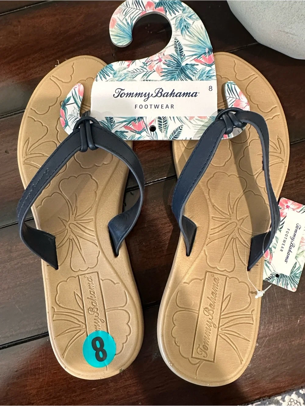 Tommy Bahama Navy Strap Tan Footbed Floral-Embossed Flip Flops